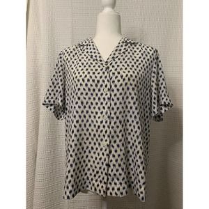 Evan-Picone Short Sleeve Silk Blouse Size 12 Blue-White Geometric Button Front